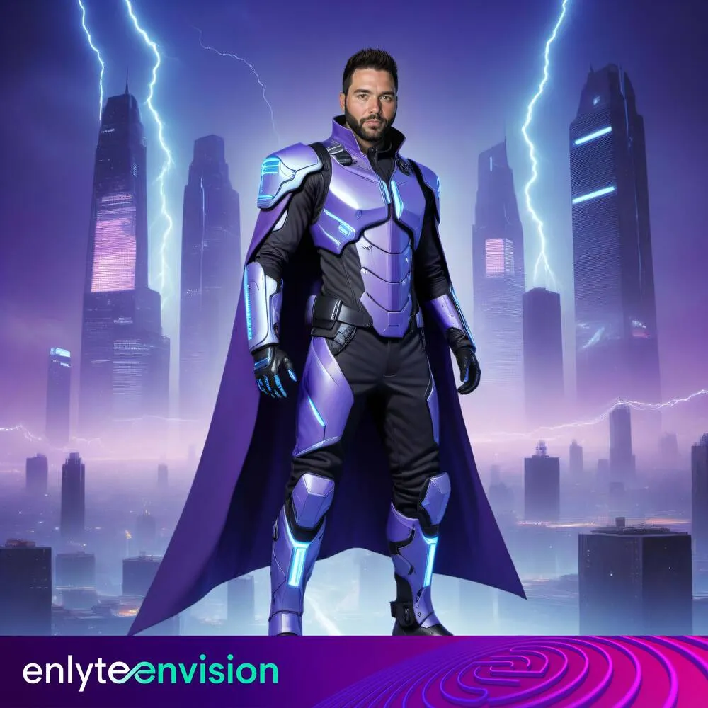 AI photo of a guest as a superhero in a purple and silver suit before a lightning-lit skyline, with Enlyte Envision event branding