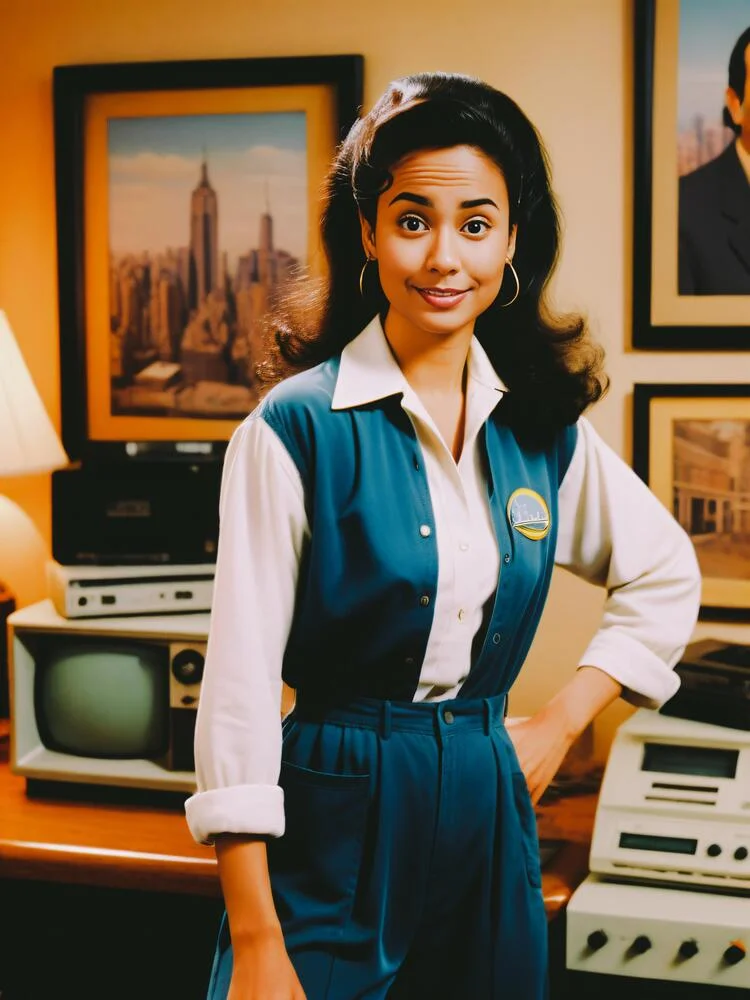 AI photo of a guest as a retro 80s sitcom character posing in a vintage office full of old electronics