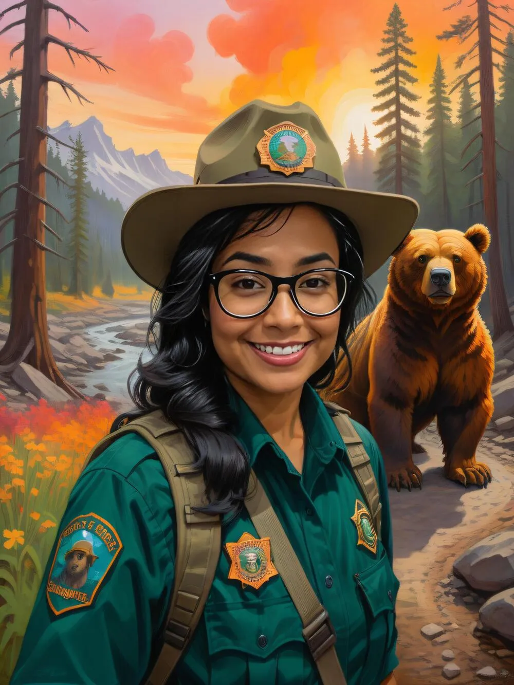 AI photo of a guest as a painted park ranger with a brown bear on a forest trail at sunset