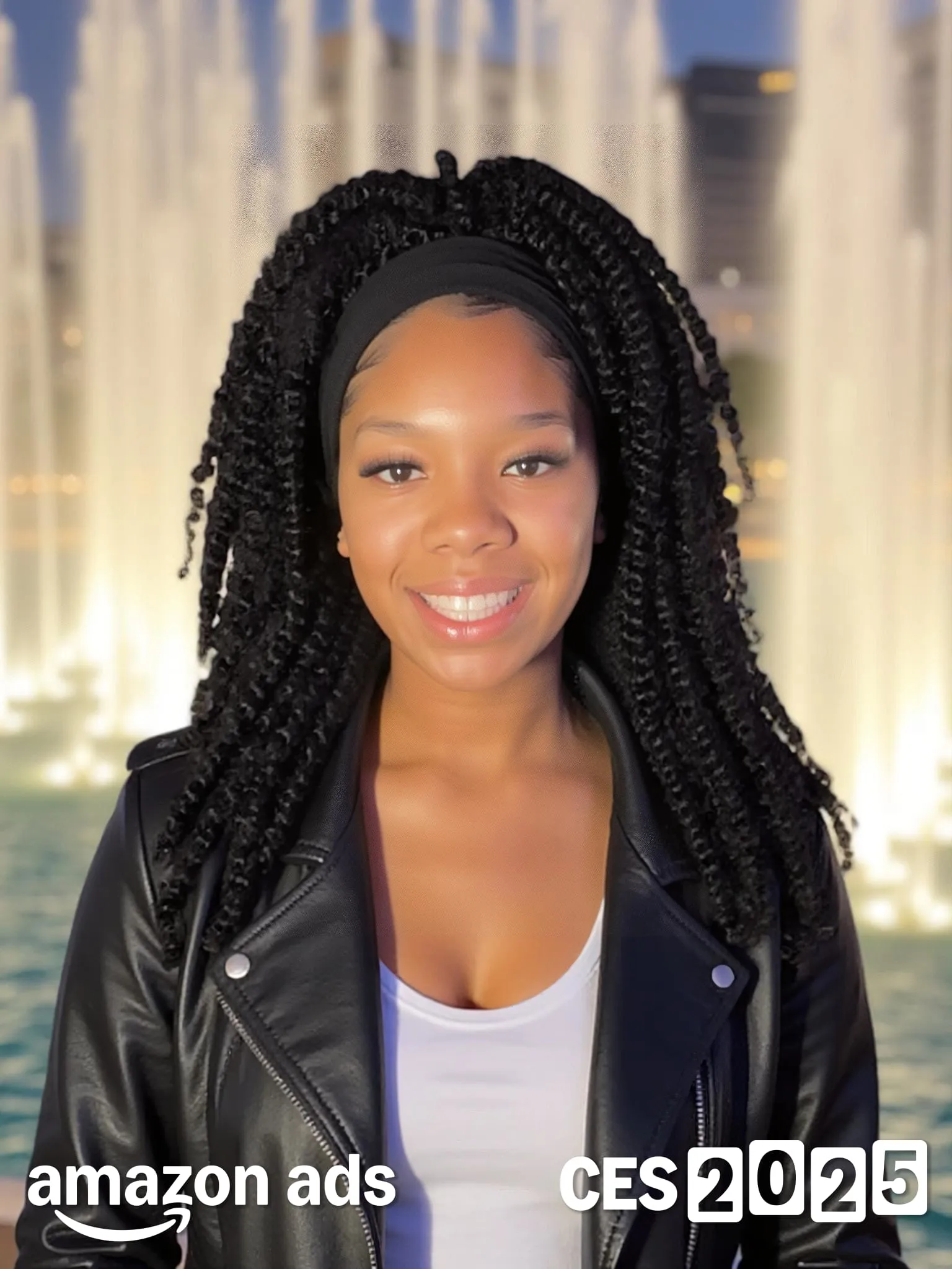 AI photo of a guest in front of the Las Vegas fountains, with Amazon Ads CES 2025 event branding