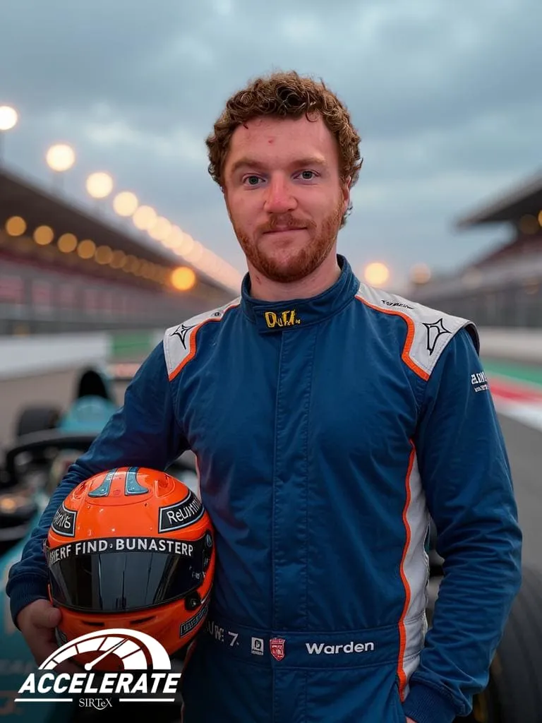 AI photo of a guest as a race car driver holding a helmet at a racetrack, with Sirtex Accelerate event branding