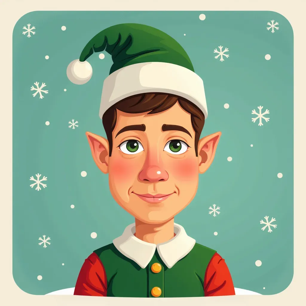 AI photo of a guest as a cartoon holiday elf in a green hat on a snowflake background