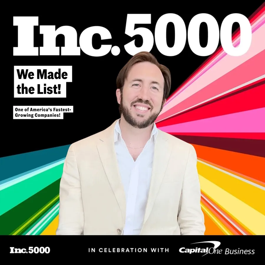 Photo booth snapshot of a guest on a rainbow Inc. 5000 We Made the List frame, in celebration with Capital One Business