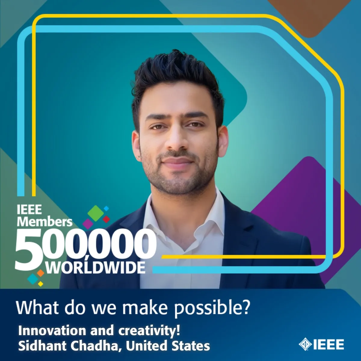 Photo booth snapshot of a guest on an IEEE 500,000 members worldwide frame celebrating innovation and creativity