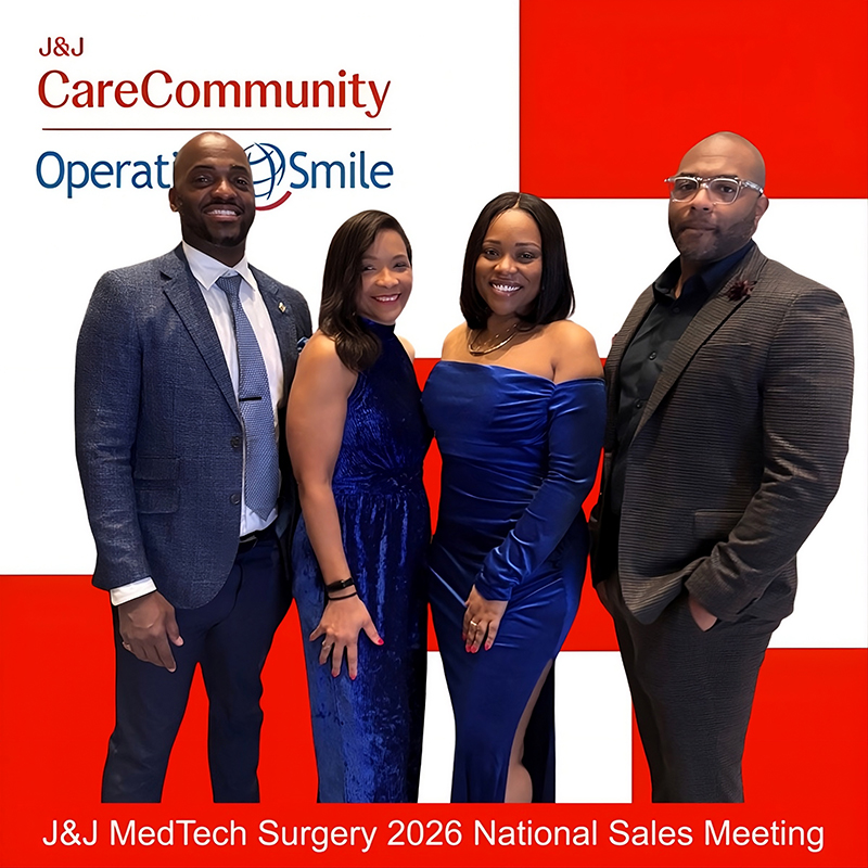 Photo booth snapshot of four guests in evening wear on a J&J MedTech Operation Smile frame