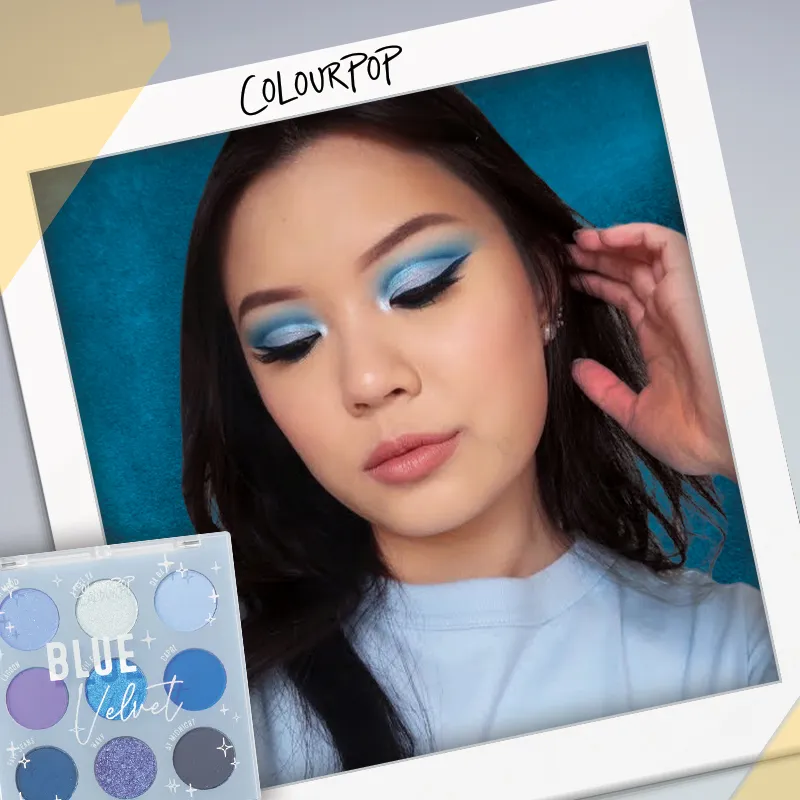 Photo booth snapshot of a guest showing blue eyeshadow beside a ColourPop Blue Velvet palette