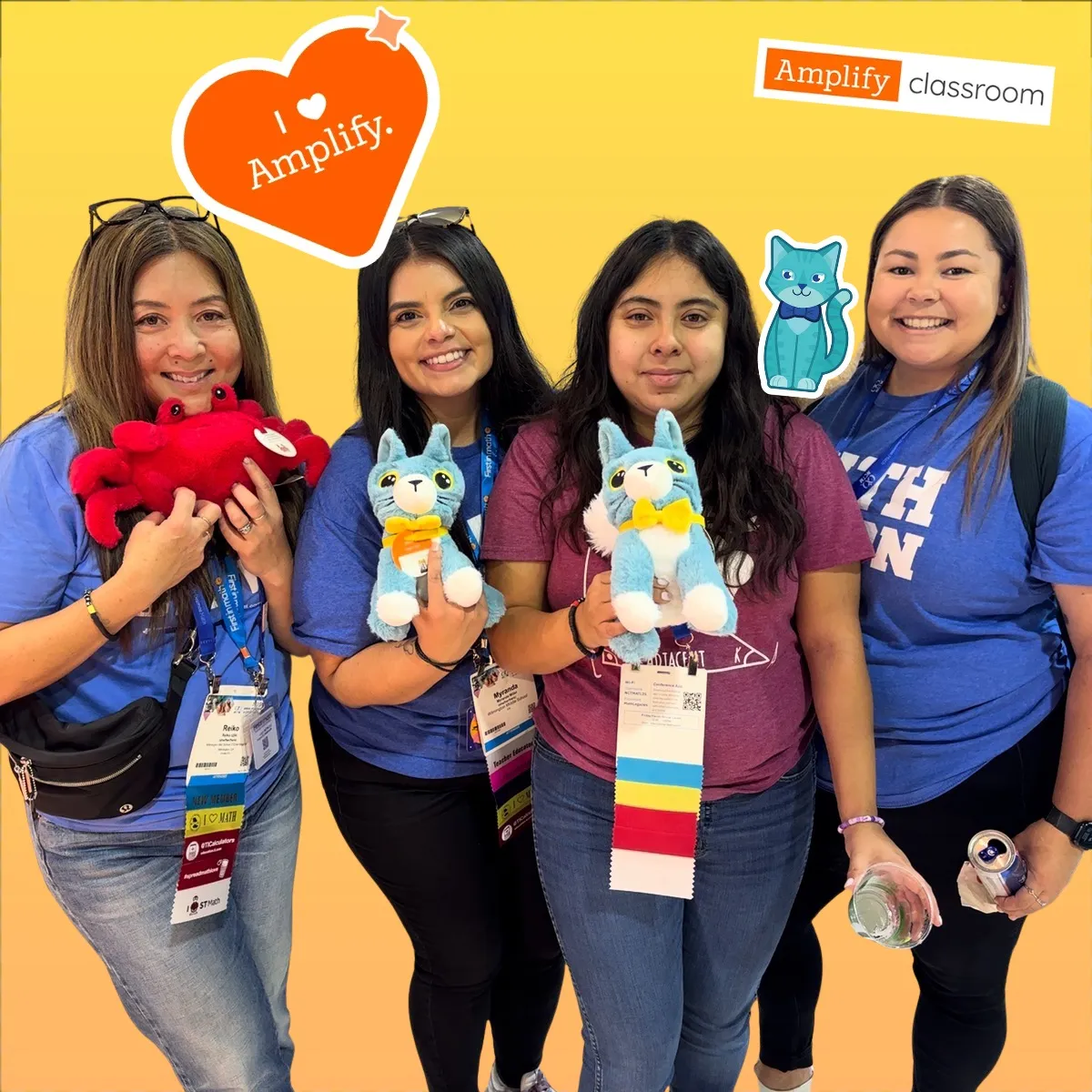 Photo booth snapshot of four teachers with plush cats on an I Love Amplify classroom frame