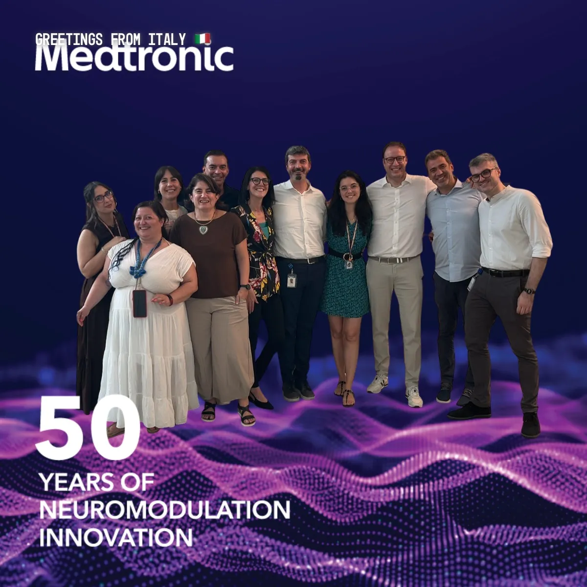 Photo booth snapshot of a Medtronic team on a Greetings from Italy frame celebrating 50 years of neuromodulation innovation