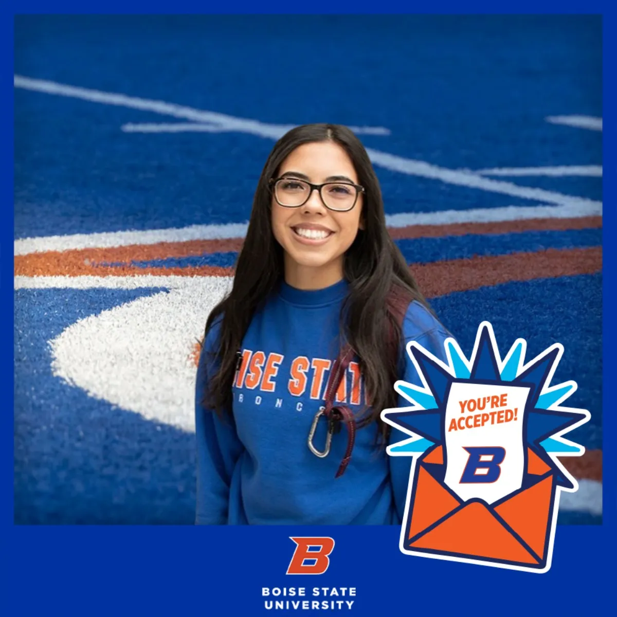 Photo booth snapshot of a student on a Boise State You're Accepted frame at the football field