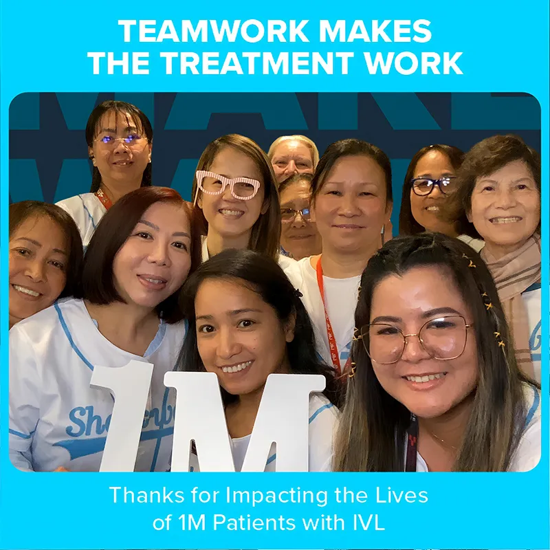 Photo booth snapshot of a team holding a 1M sign on a Teamwork Makes the Treatment Work frame
