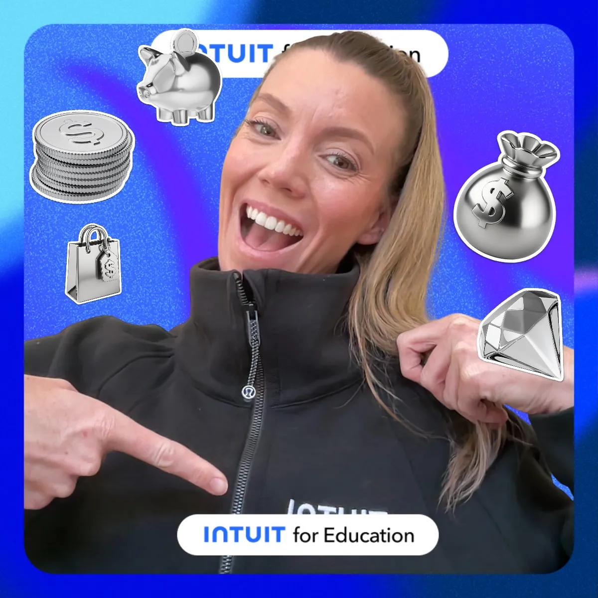 Photo booth snapshot of a guest pointing at her jacket among silver piggy bank and diamond stickers on an Intuit for Education frame