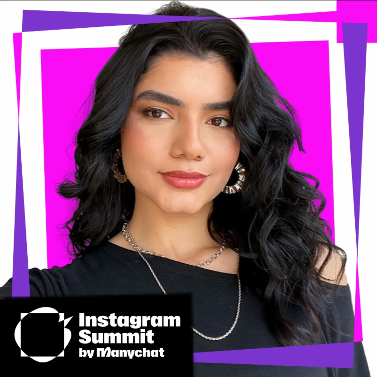 Photo booth snapshot of a guest on a hot pink Instagram Summit by Manychat frame