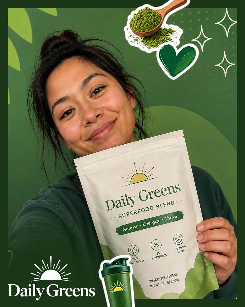 Photo booth snapshot of a guest holding a Daily Greens superfood blend pouch on a green frame