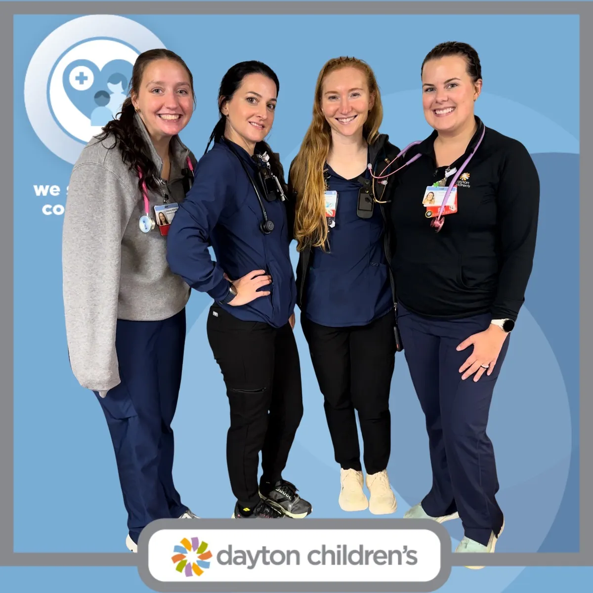 Photo booth snapshot of four nurses posing on a Dayton Children's frame