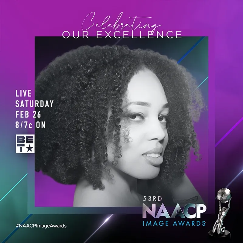 Photo booth snapshot of a guest on a 53rd NAACP Image Awards frame with BET branding