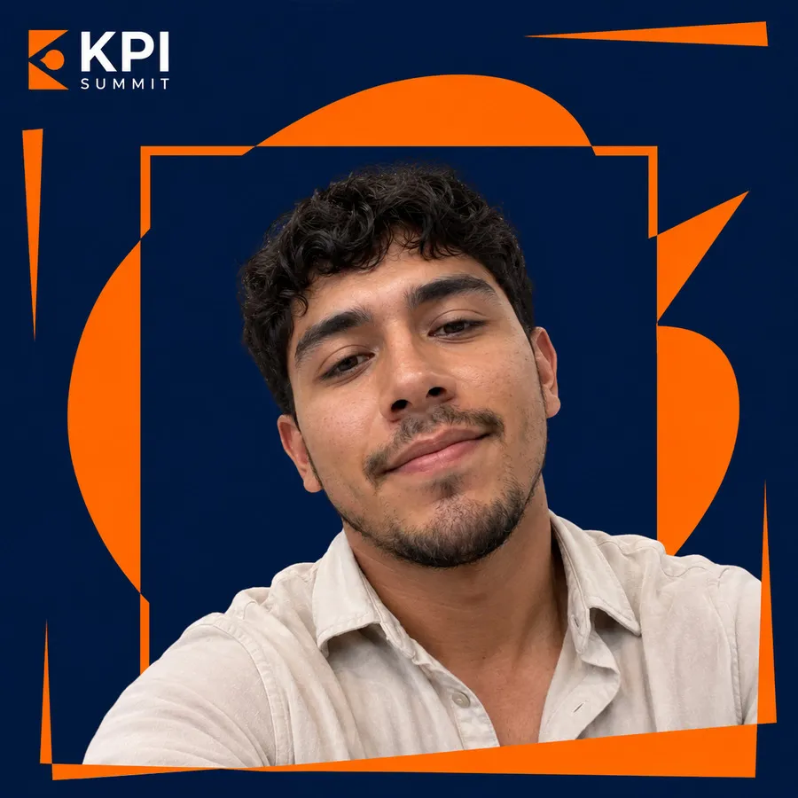 Photo booth snapshot of a guest on an orange and navy KPI Summit frame