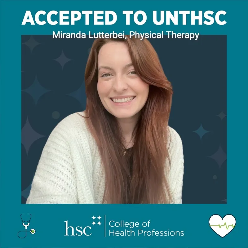 Photo booth snapshot of a student on an Accepted to UNTHSC frame from the College of Health Professions