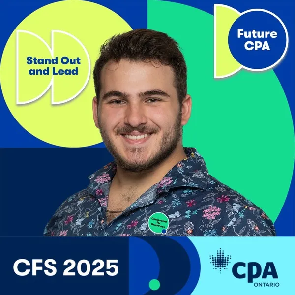 Photo booth snapshot of a student on a CPA Ontario Stand Out and Lead frame at CFS 2025