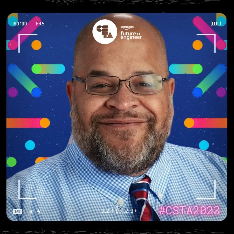 Photo booth snapshot of an educator on a CSTA 2023 frame with Amazon Future Engineer branding