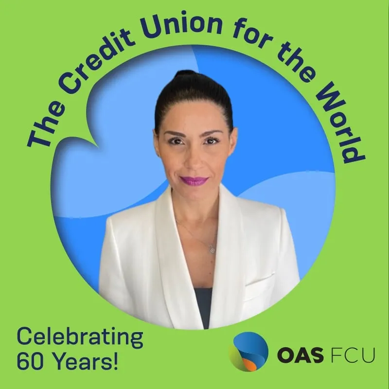 Photo booth snapshot of a guest on an OAS FCU frame celebrating 60 years as the credit union for the world