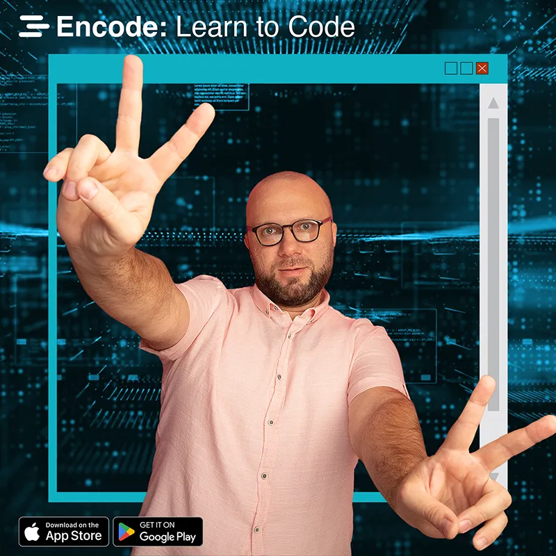 Photo booth snapshot of a guest flashing peace signs through an Encode Learn to Code app window frame