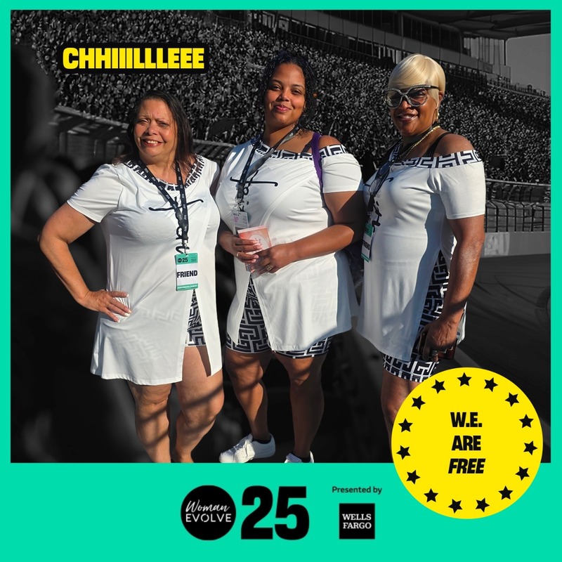 Photo booth snapshot of three guests in white dresses on a Woman Evolve 25 frame presented by Wells Fargo