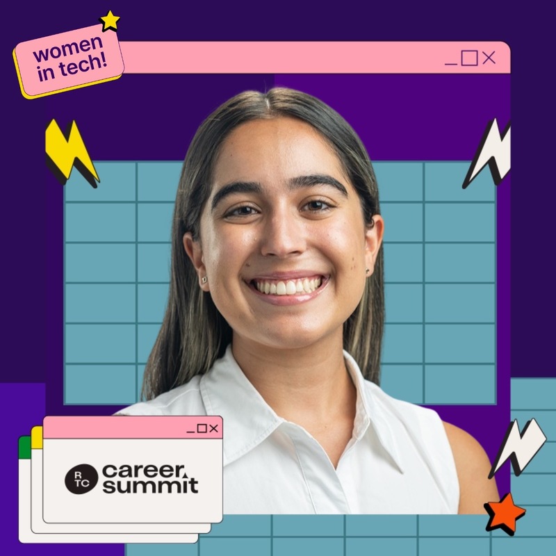 Photo booth snapshot of a guest on a retro desktop Career Summit frame with a women in tech banner