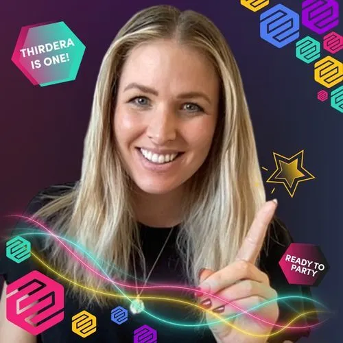 Photo booth snapshot of a guest pointing at a star on a Thirdera Is One celebration frame