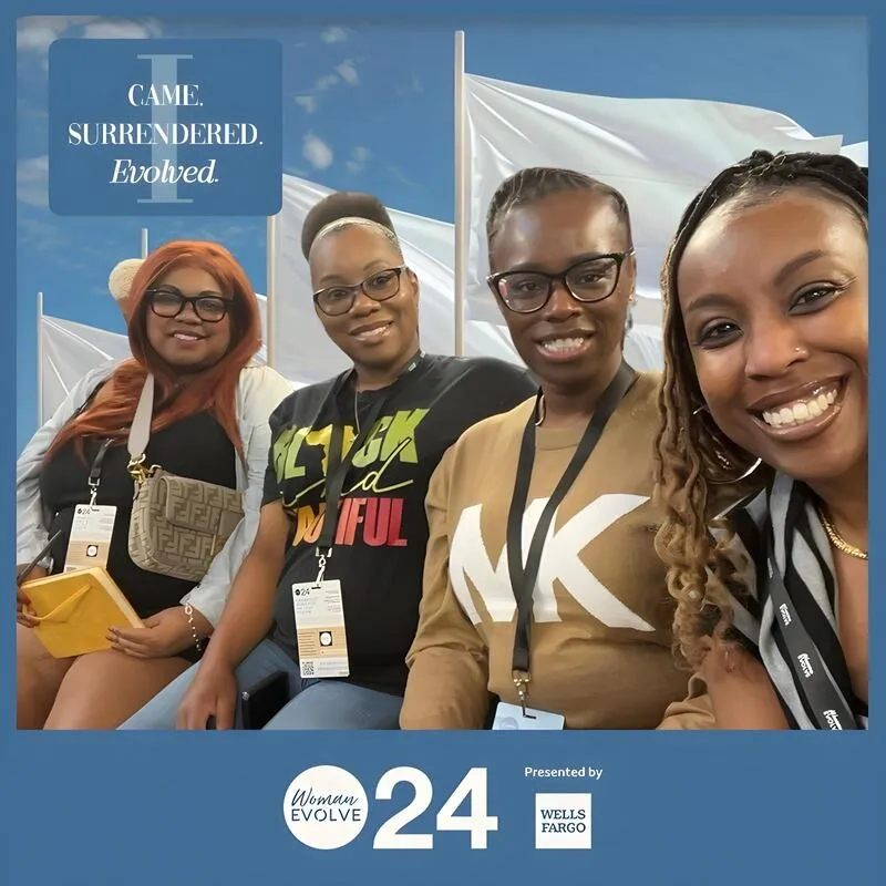 Photo booth snapshot of four friends in a selfie on a Woman Evolve 24 frame presented by Wells Fargo