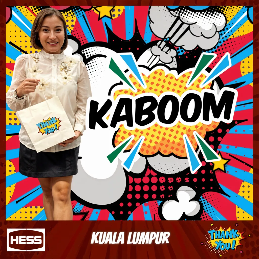 Photo booth snapshot of a guest holding a thank you bag on a comic book Kaboom frame from Hess Kuala Lumpur