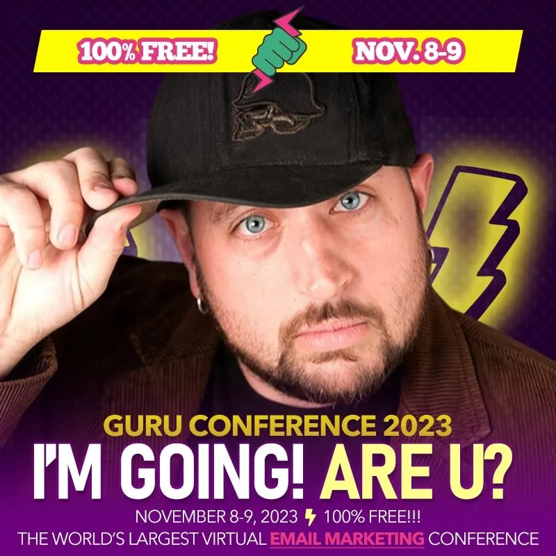 Photo booth snapshot of a guest tipping his cap on an I'm Going Guru Conference 2023 email marketing promo