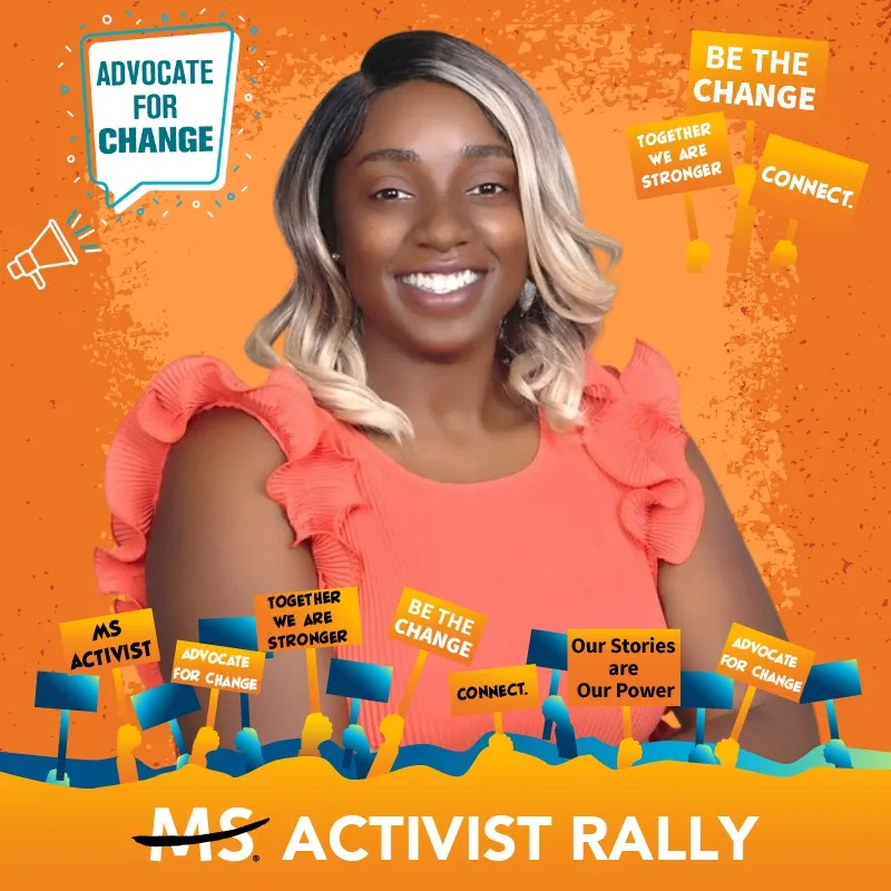 Photo booth snapshot of a guest on an orange MS Activist Rally frame with advocate for change signs