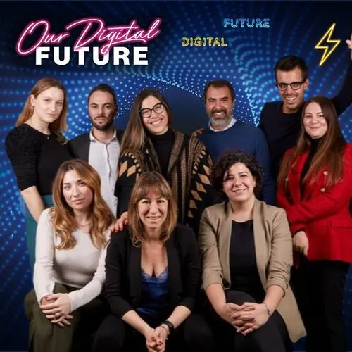 Photo booth snapshot of nine teammates posing on an Our Digital Future frame