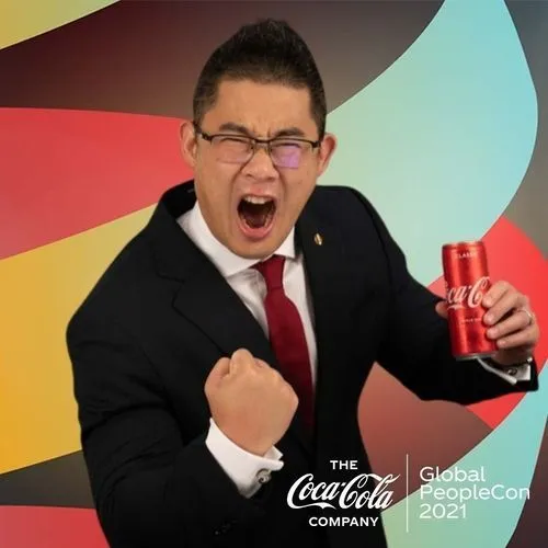 Photo booth snapshot of an excited guest holding a Coke can on a Coca-Cola Global PeopleCon 2021 frame