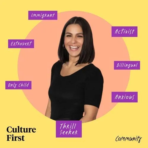 Photo booth snapshot of a guest surrounded by identity labels on a Culture First community frame