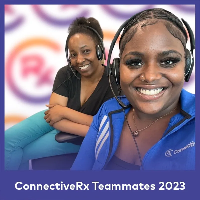 Photo booth snapshot of two teammates in headsets on a ConnectiveRx Teammates 2023 frame