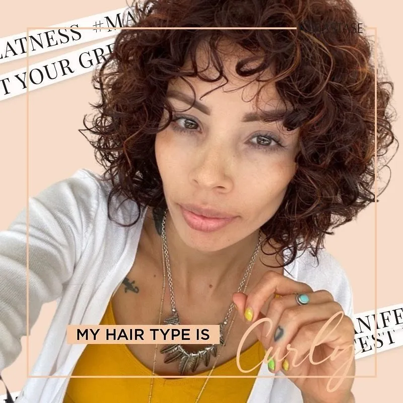 Photo booth snapshot of a guest on a My Hair Type Is Curly manifest your greatness frame