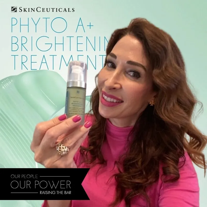 Photo booth snapshot of a guest holding a SkinCeuticals Phyto A+ brightening treatment on an Our People Our Power frame