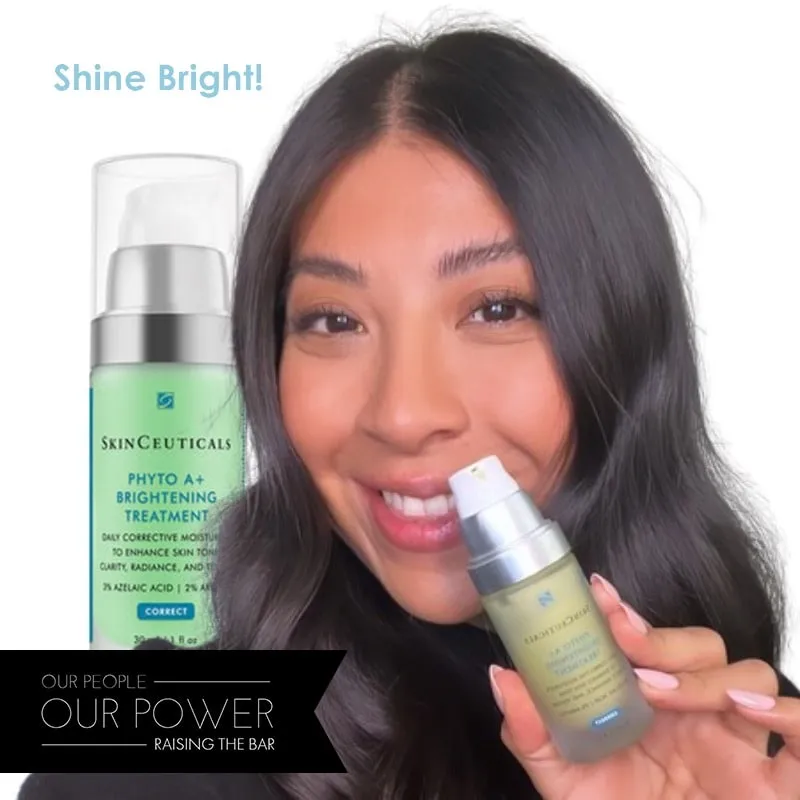 Photo booth snapshot of a guest holding two SkinCeuticals bottles on a Shine Bright frame