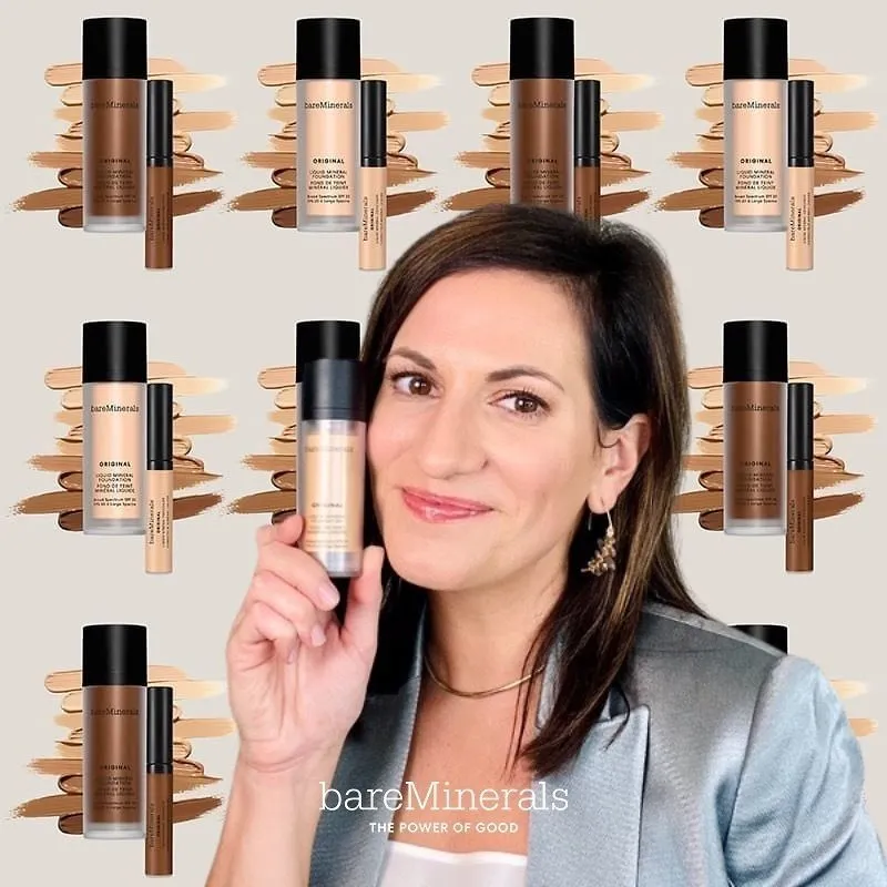 Photo booth snapshot of a guest holding a foundation bottle surrounded by a grid of bareMinerals shades