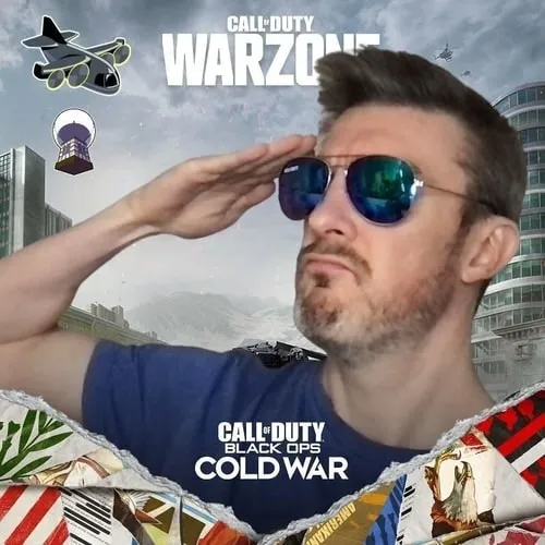 Photo booth snapshot of a guest in sunglasses saluting on a Call of Duty Warzone Black Ops Cold War frame