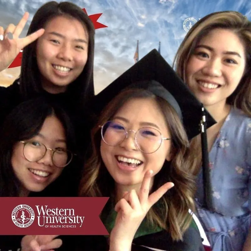 Photo booth snapshot of four graduates celebrating on a Western University of Health Sciences frame