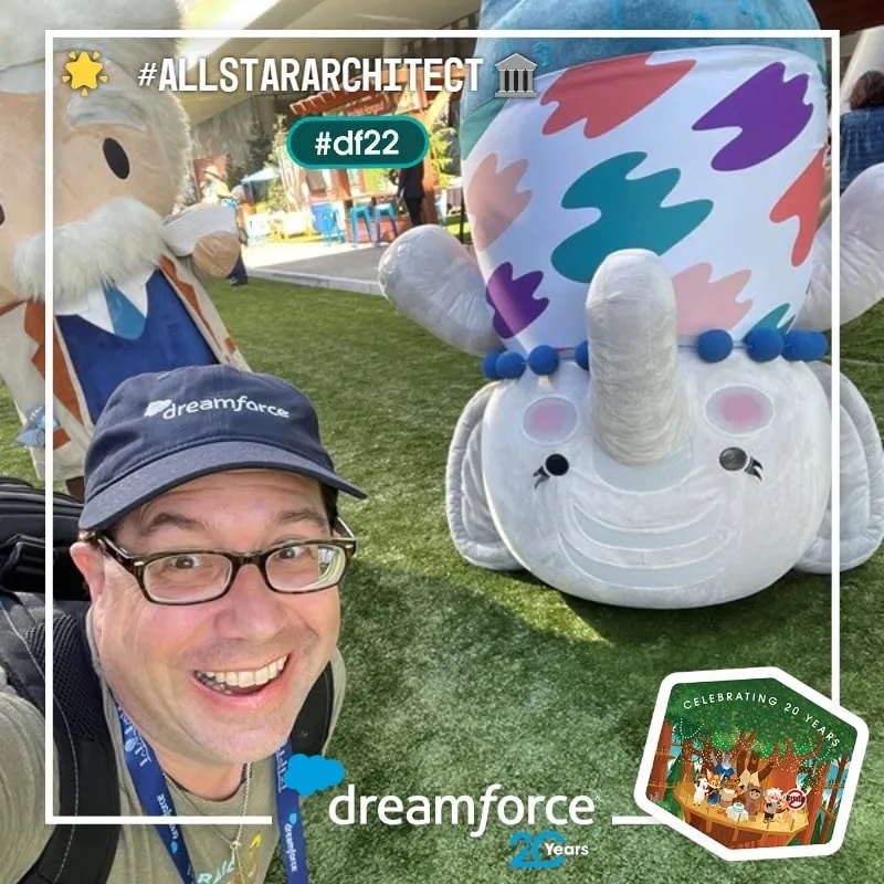 Photo booth snapshot of a guest in a Dreamforce cap with plush mascots on an All Star Architect frame