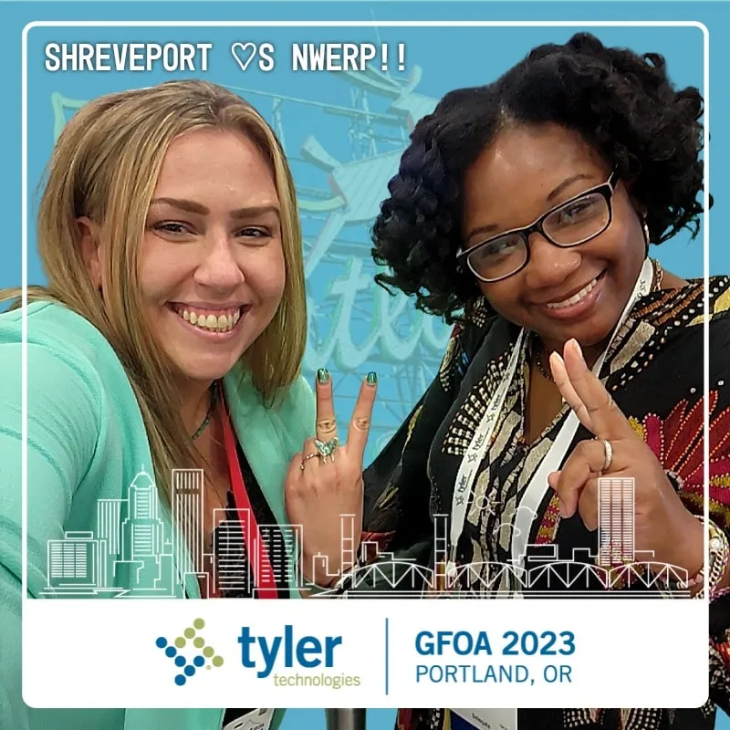 Photo booth snapshot of two guests on a Tyler Technologies frame at GFOA 2023 in Portland