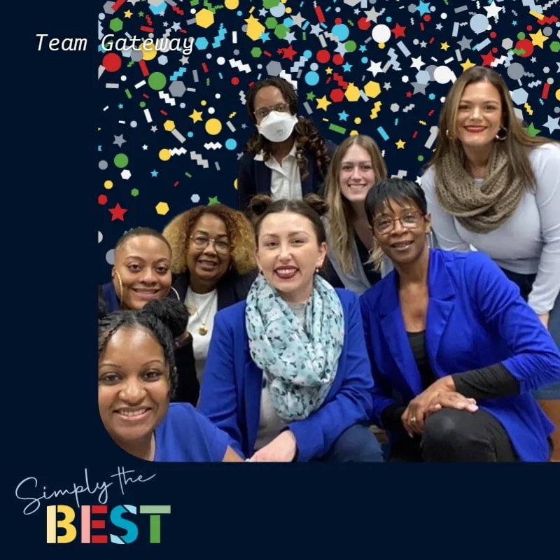 Photo booth snapshot of seven teammates under confetti on a Simply the Best Team Gateway frame