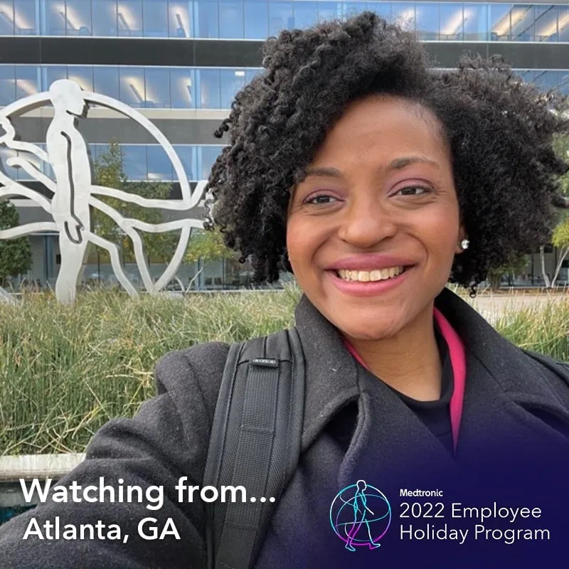 Photo booth snapshot of a guest outside an office on a Medtronic employee holiday program frame from Atlanta