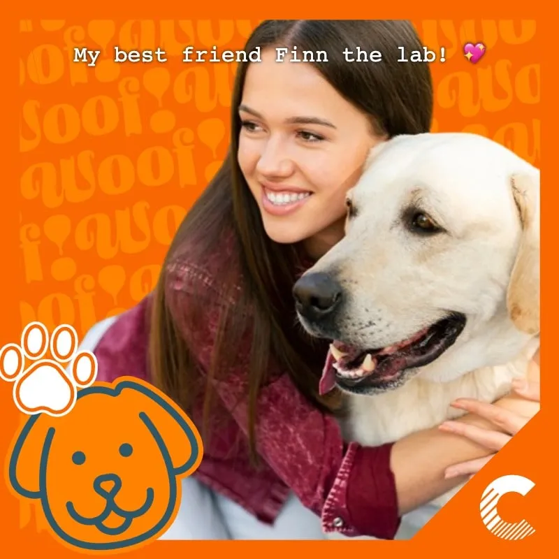 Photo booth snapshot of a guest hugging a yellow lab on an orange Chewy style frame reading my best friend Finn