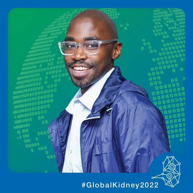 Photo booth snapshot of a guest on a green Global Kidney 2022 frame with a dotted world map