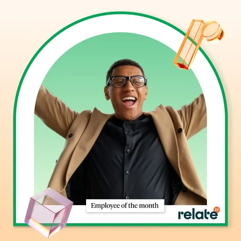 Photo booth snapshot of a guest cheering with arms wide on a Relate employee of the month frame