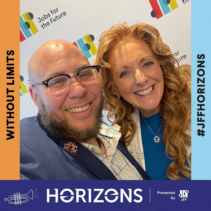 Photo booth snapshot of two guests on a Horizons frame presented by JFF with a without limits banner